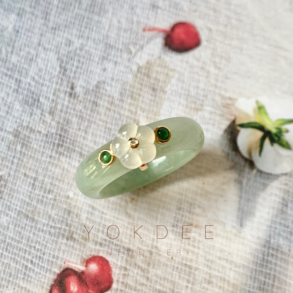 SOLD OUT: 17.1mm A-Grade Natural Jadeite Joseon Dynasty Plum Blossom Ring (Maehwa) No.162314