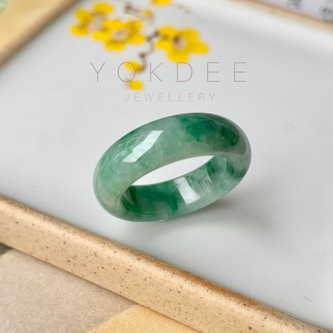 SOLD OUT: 16.2mm A-Grade Natural Floral Imperial Green Jadeite Ring Band No.162169