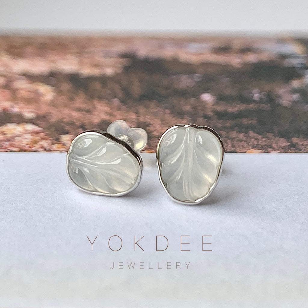 Icy A-Grade Natural Jadeite Bespoke Leaf Stud Earring No.180586