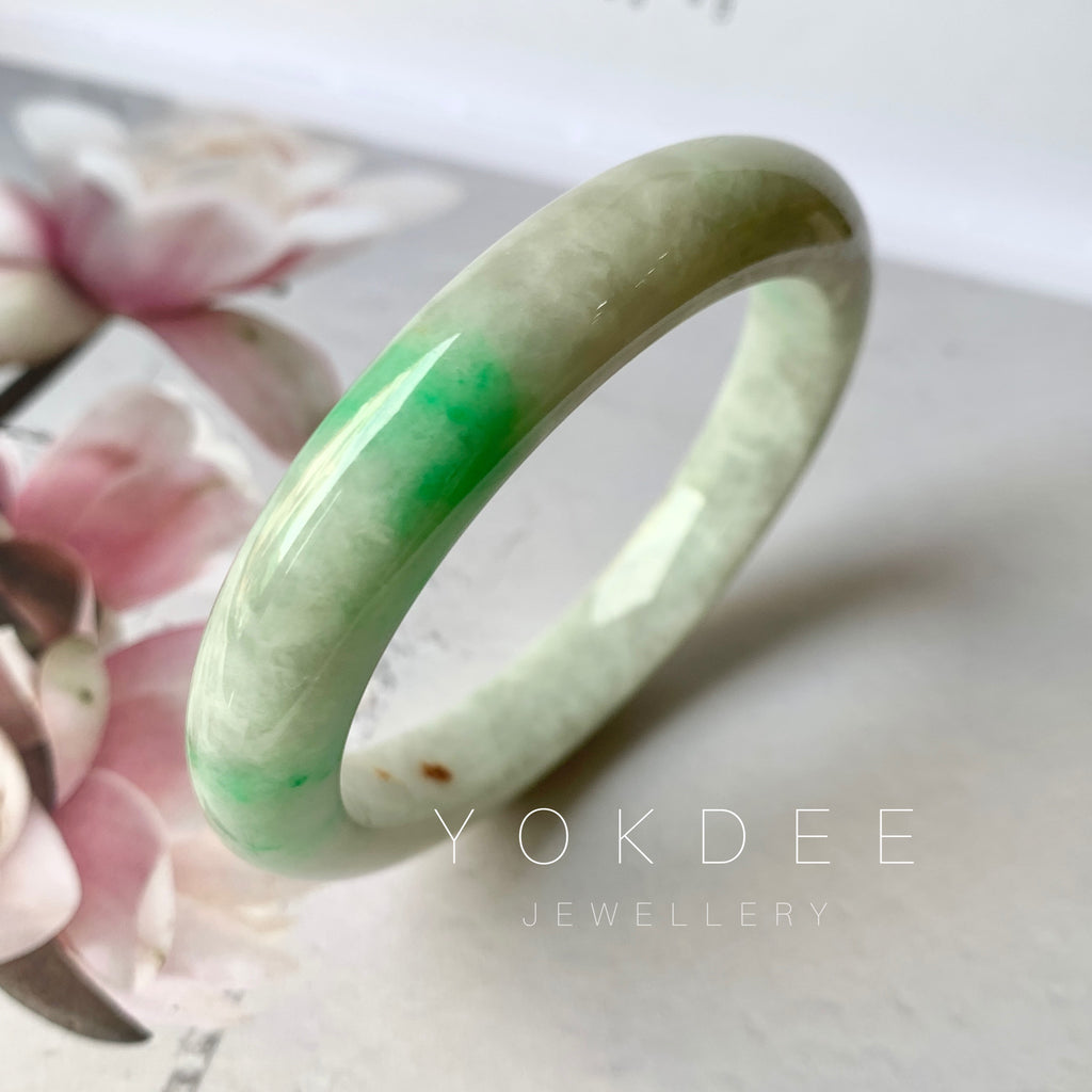 54.1mm A-Grade Natural Moss On Snow Jadeite Modern Round Bangle No.151789