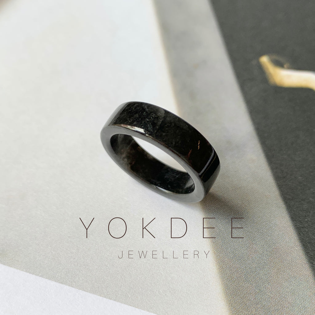 SOLD OUT: 17.1mm A-Grade Natural Black Jadeite Bespoke Ring Band No.162024