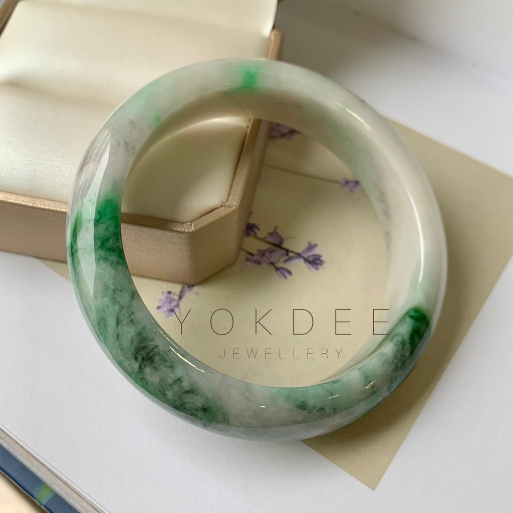 59mm A-Grade Natural Floral Imperial Green Jadeite Modern Round Bangle No.151623