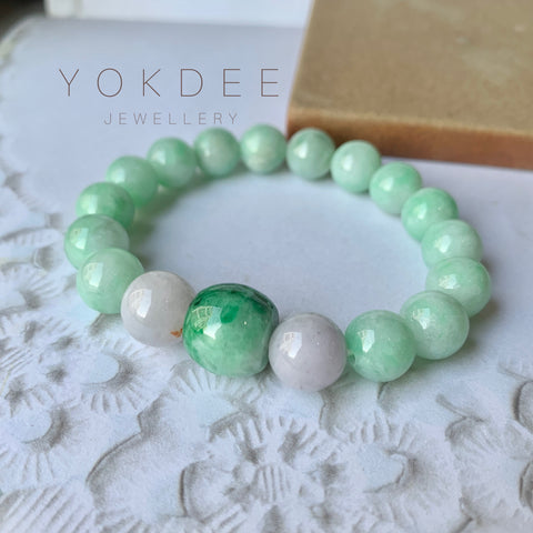 SOLD OUT: 10.2mm A-Grade Natural Green & Lilac Jadeite Beaded Bracelet with Floral Imperial Green Barrel No.190184