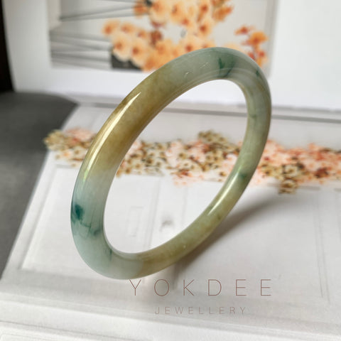 54mm A-Grade Natural Floral Yellow Jadeite Traditional Round Bangle No.151696