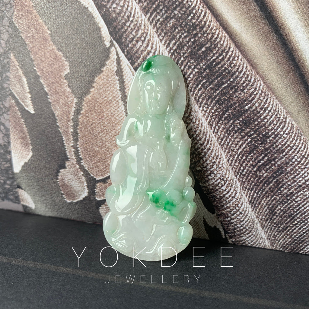 A-Grade Natural Moss On Snow Jadeite Goddess of Mercy Pendant No.600179