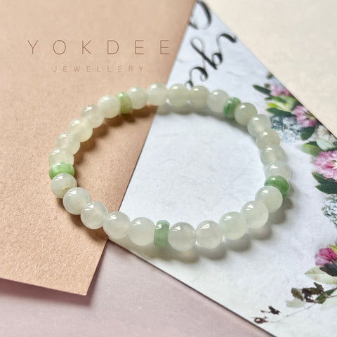 SOLD OUT: 5.8mm A-Grade Natural White and Green Jadeite Beaded Bracelet No.190358