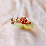 SOLD OUT: 15.1mm A-Grade Natural Yellow Jadeite Joseon Ring (Red Sakura Flower) No.162285