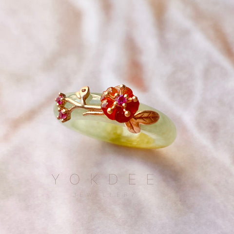 SOLD OUT: 15.1mm A-Grade Natural Yellow Jadeite Joseon Ring (Red Sakura Flower) No.162285