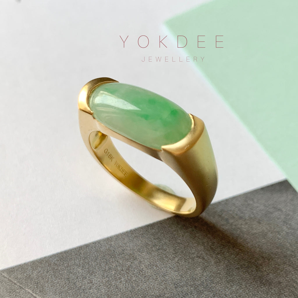 SOLD OUT: 17.6mm A-Grade Natural Moss On Snow Jadeite Dee Saddle Loaf Bespoke Ring No.162301
