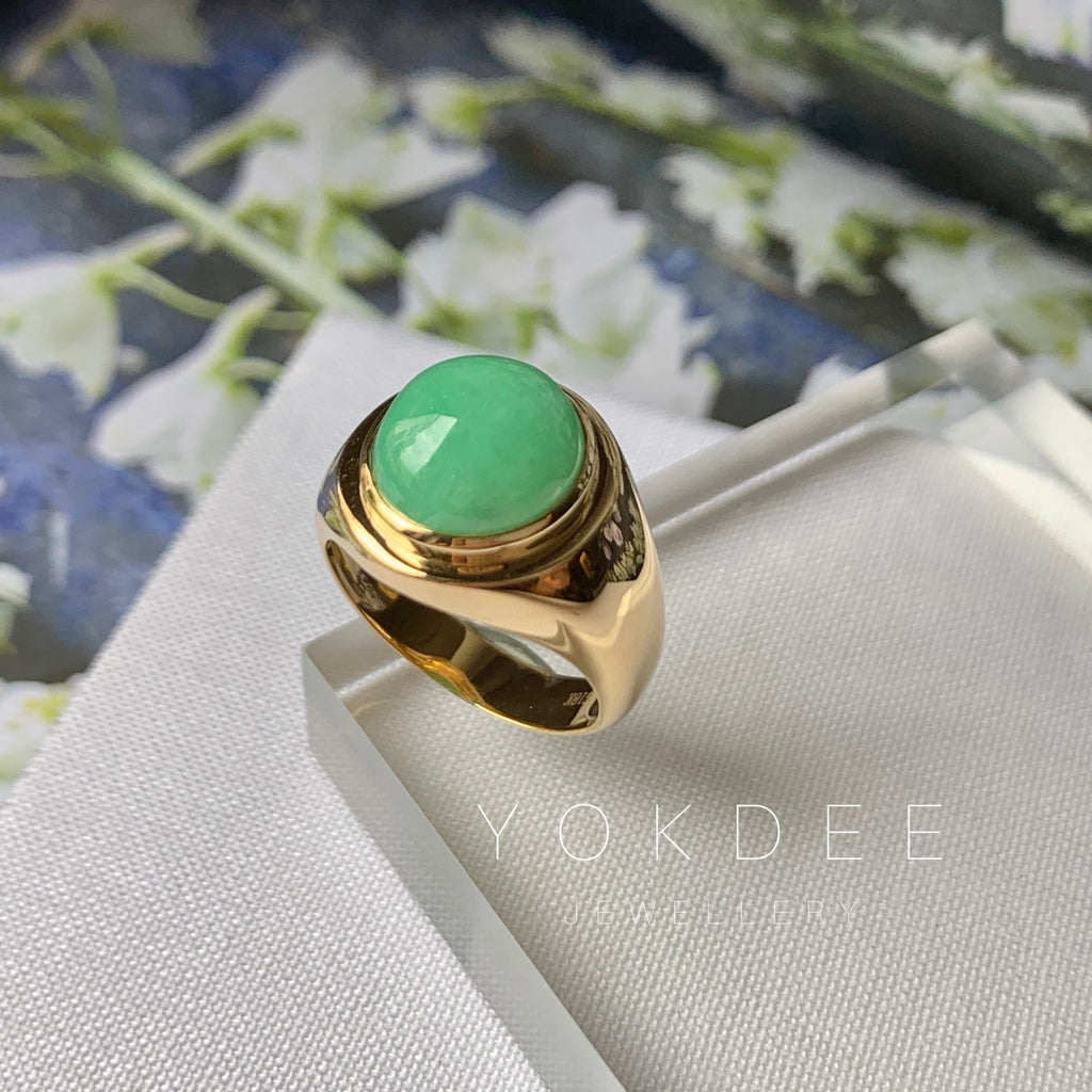16.2mm A-Grade Natural Green Jadeite Dee Contempo Cabochon Ring No.162231