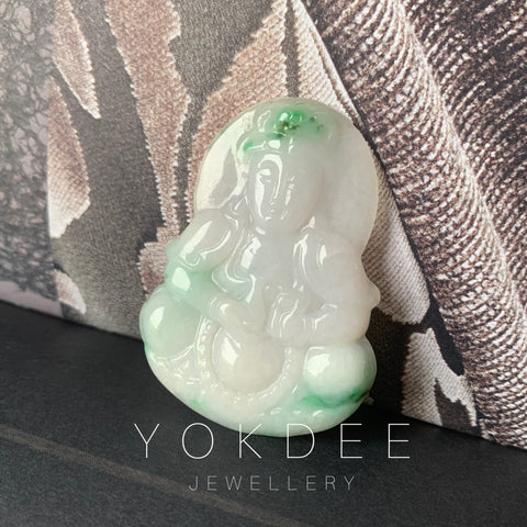 A-Grade Natural Moss On Snow Jadeite Goddess of Mercy Pendant No.600181