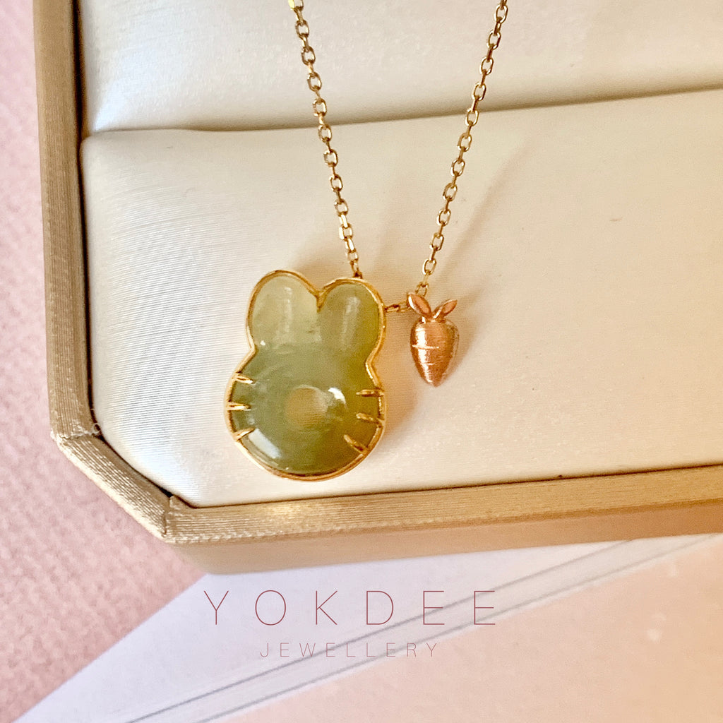 A-Grade Yellowish Green Jadeite Little Bunny with Carrot Pendant No.171974