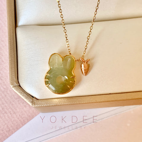 SOLD OUT: A-Grade Yellowish Green Jadeite Little Bunny with Carrot Pendant No.171974